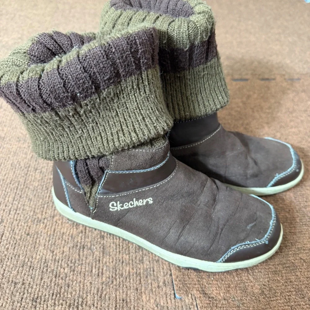Skechers SN 37040 Womens Brown Suede Knit Sweater‎ Cuff Mid Calf Boots Size 9.5
